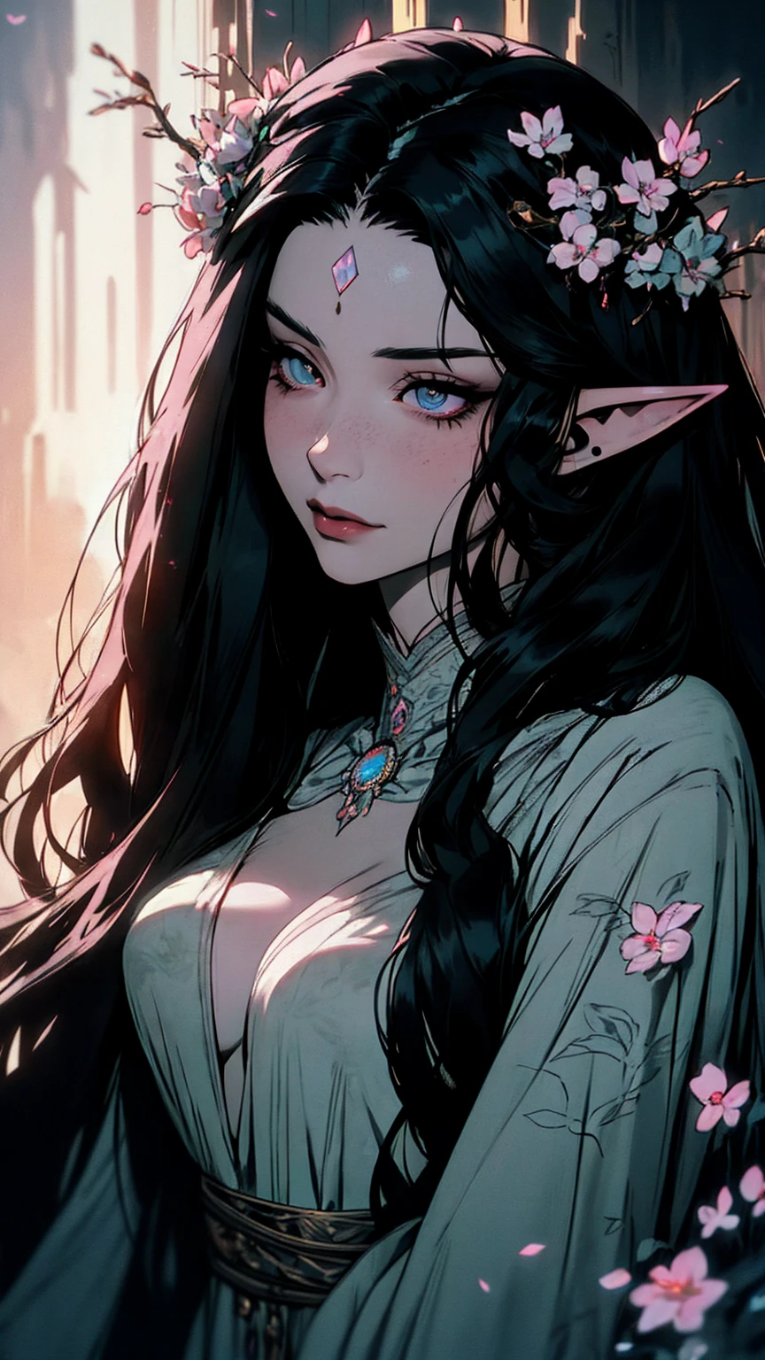 hyper-realistic  of a mysterious woman with flowing black hair, ears of elf,  piercing opal eyes, and a delicate floral crown, delicate smile,  upper body