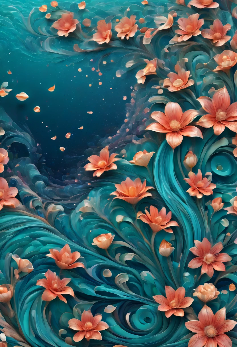 (best quality, highres, ultra sharp), magical sea of flowers, whirlpool, about the curvature of space time, flowers over the area, art deco, zentangle, 3d crunch, cinematic, on the seashore