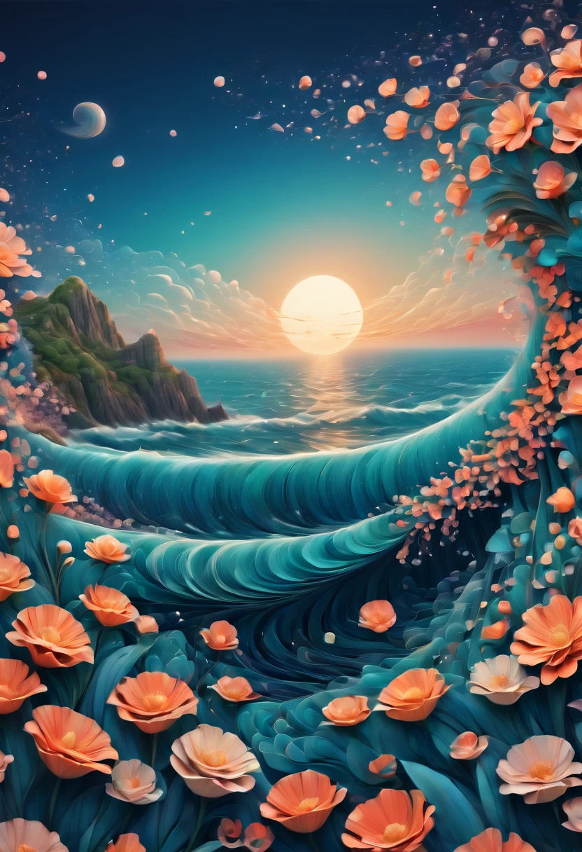 (best quality, highres, ultra sharp), magical sea of flowers, whirlpool, about the curvature of space time, flowers over the area, art deco, zentangle, 3d crunch, cinematic, on the seashore