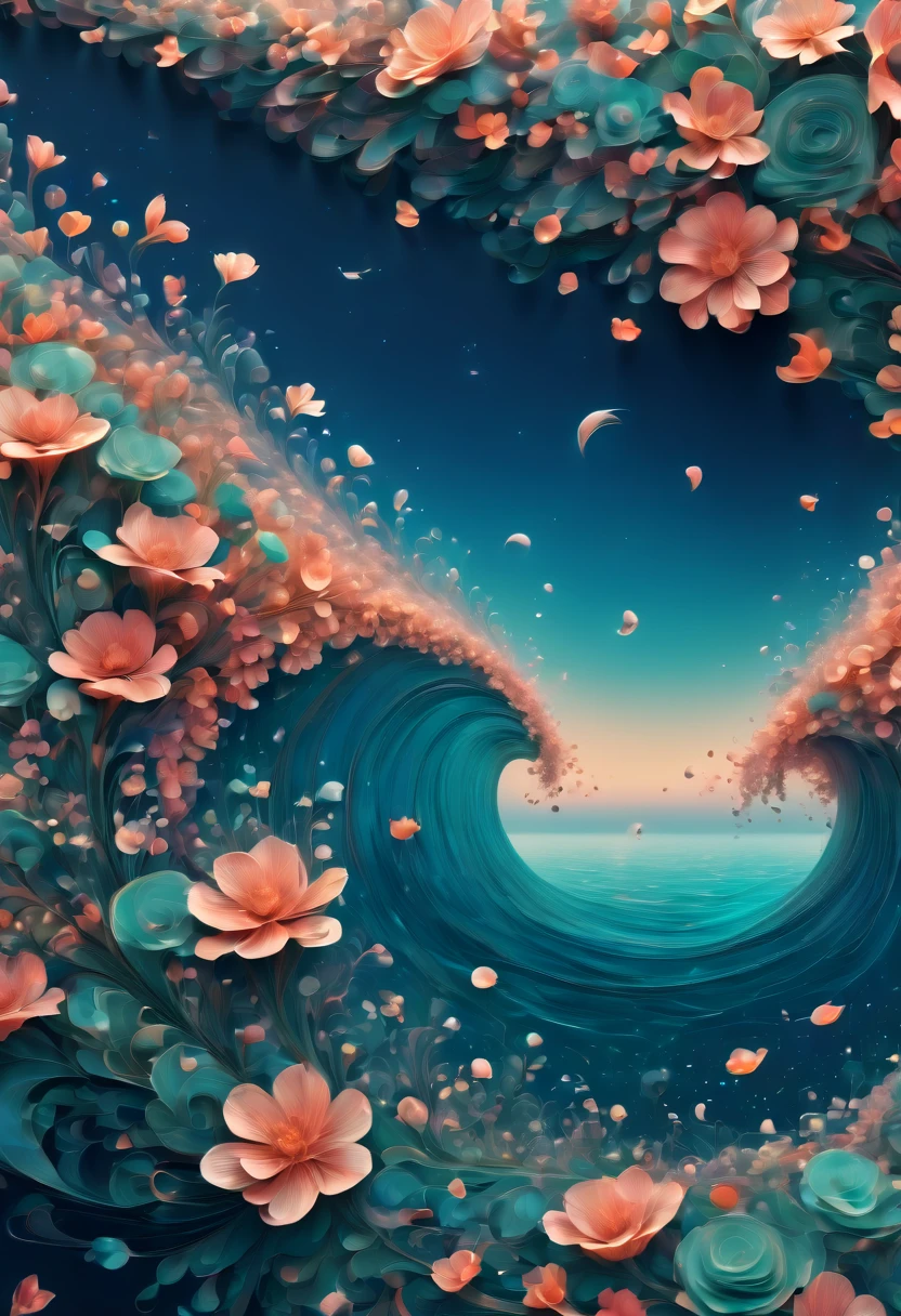 (best quality, highres, ultra sharp), magical sea of flowers, whirlpool, about the curvature of space time, flowers over the area, art deco, zentangle, 3d crunch, cinematic, on the seashore