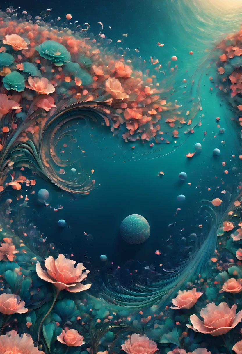 (best quality, highres, ultra sharp), magical sea of flowers, whirlpool, about the curvature of space time, flowers over the area, art deco, zentangle, 3d crunch, cinematic, on the seashore