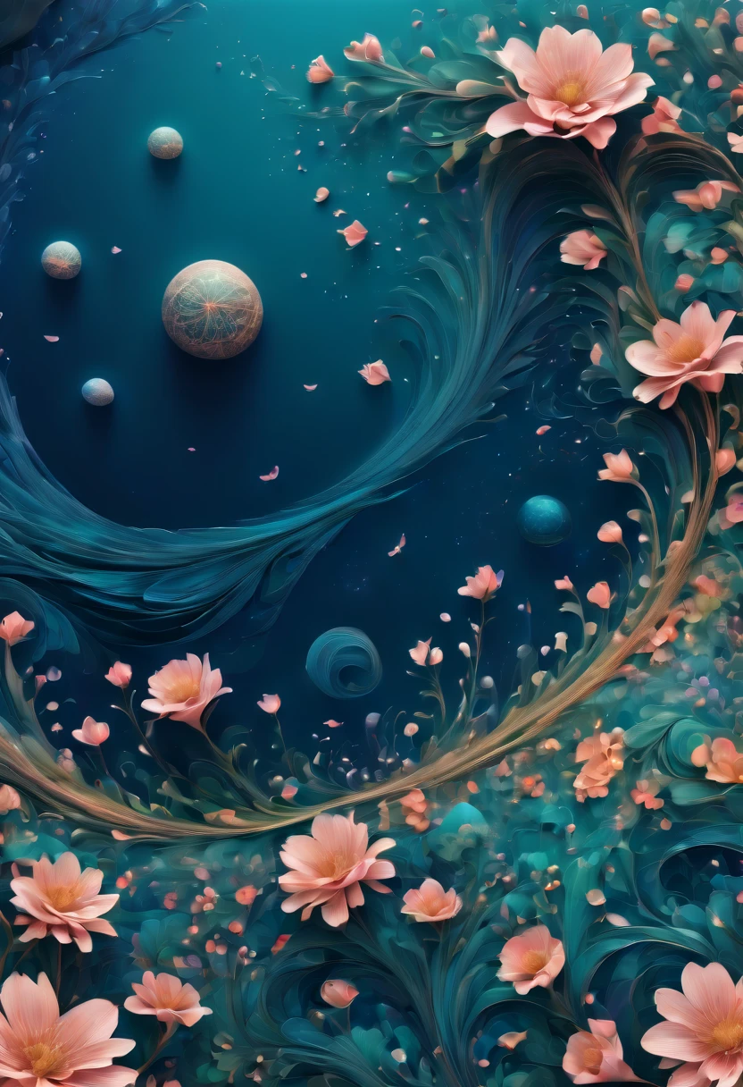 (best quality, highres, ultra sharp), magical sea of flowers, whirlpool, about the curvature of space time, flowers over the area, art deco, zentangle, 3d crunch, cinematic, on the seashore