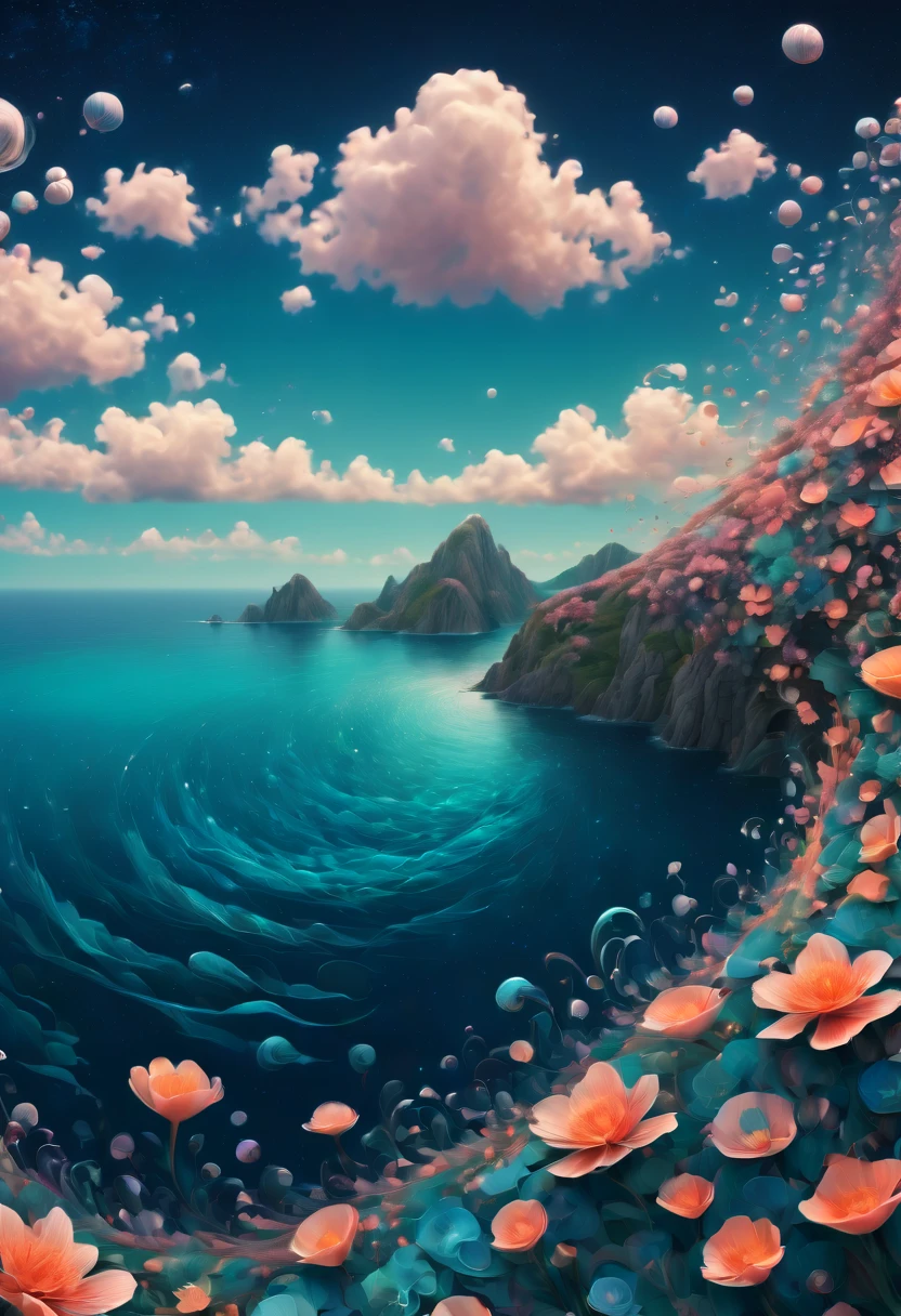 (best quality, highres, ultra sharp), magical sea of flowers, whirlpool, about the curvature of space time, flowers over the area, art deco, zentangle, 3d crunch, cinematic, on the seashore