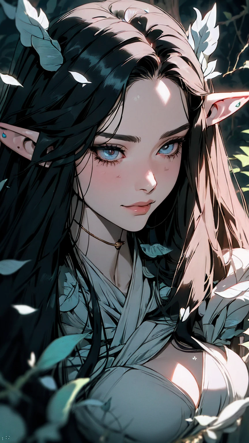 hyper-realistic  of a mysterious woman with flowing black hair, ears of elf,  piercing opal eyes, and a delicate leaves crown, delicate smile,  upper body