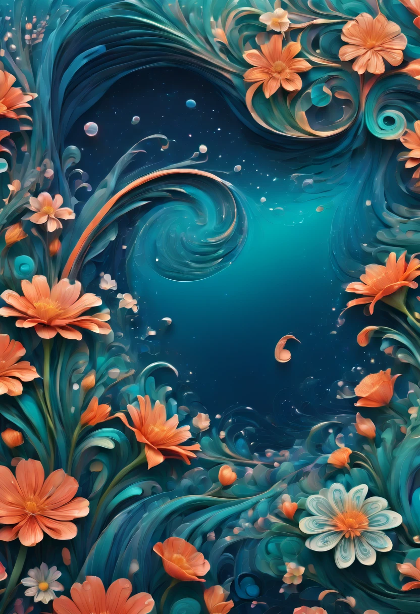 (best quality, highres, ultra sharp), magical sea of flowers, whirlpool, about the curvature of space time, flowers over the area, art deco, zentangle, 3d crunch, cinematic, on the seashore