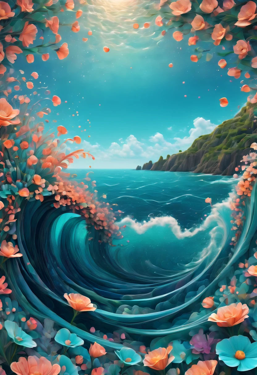 (best quality, highres, ultra sharp), magical sea of flowers, whirlpool, about the curvature of space time, flowers over the area, art deco, zentangle, 3d crunch, cinematic, on the seashore