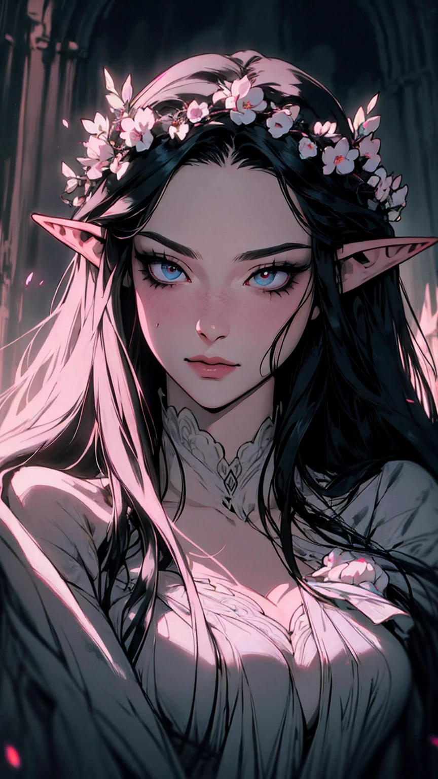 hyper-réaliste d&#39;une femme mystérieuse aux cheveux noirs flottants, oreilles d&#39;elfe,  yeux d&#39;opale perçants, et une délicate couronne florale, sourire délicat,  Haut du corps