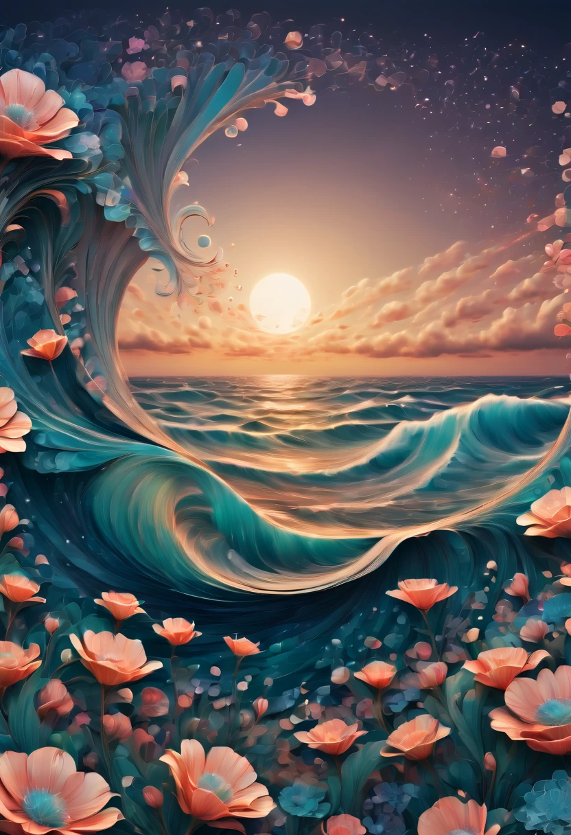 (best quality, highres, ultra sharp), magical sea of flowers, whirlpool, about the curvature of space time, flowers over the area, art deco, zentangle, 3d crunch, cinematic, on the seashore