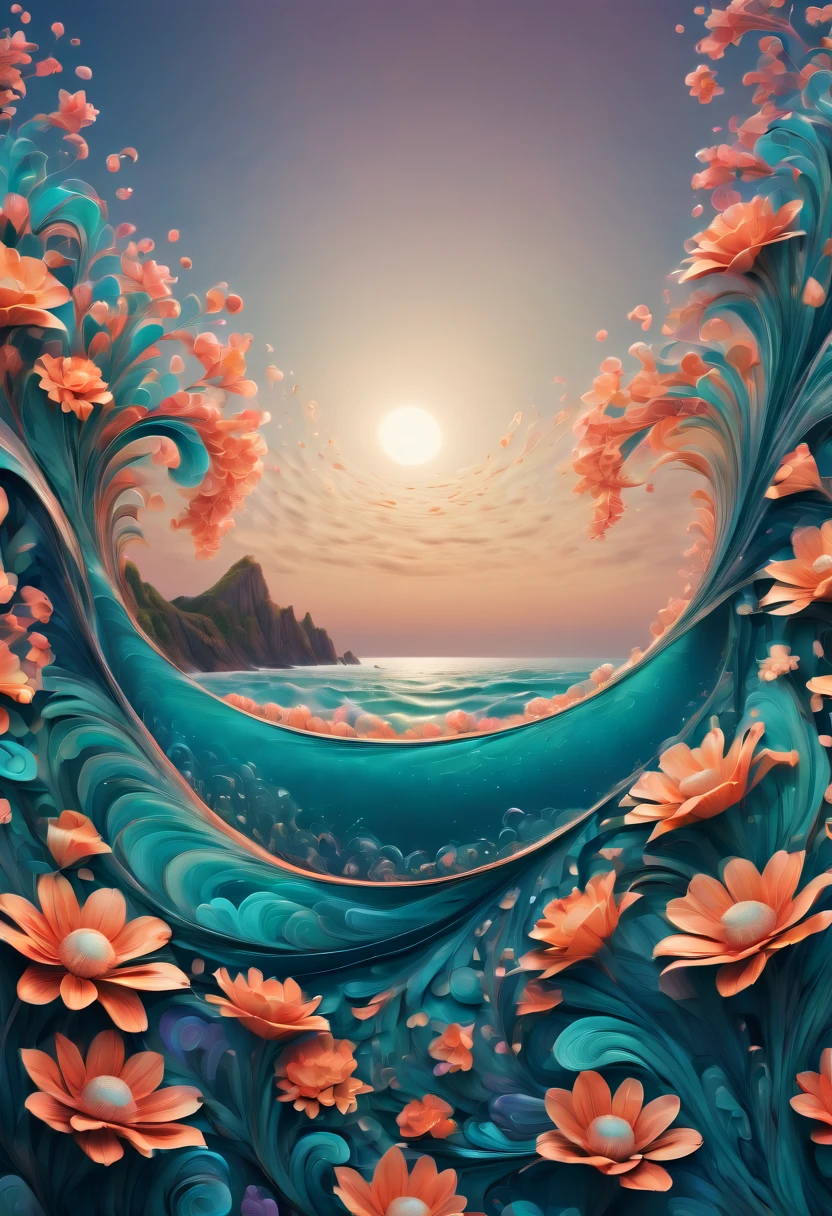 (best quality, highres, ultra sharp), magical sea of flowers, whirlpool, about the curvature of space time, flowers over the area, art deco, zentangle, 3d crunch, cinematic, on the seashore