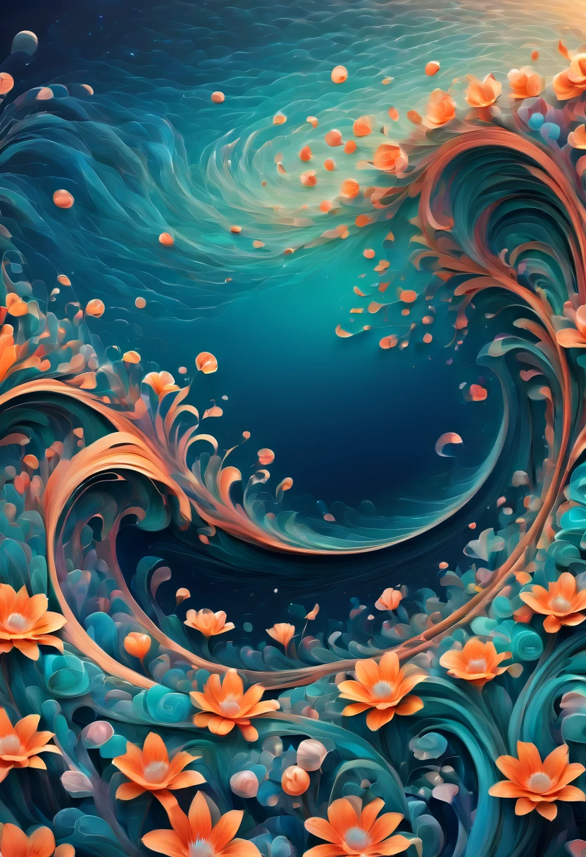 (best quality, highres, ultra sharp), magical sea of flowers, whirlpool, about the curvature of space time, flowers over the area, art deco, zentangle, 3d crunch, cinematic, on the seashore