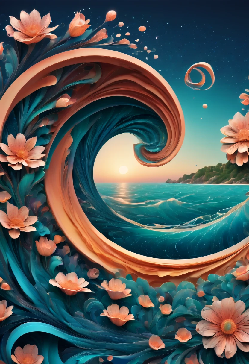 (best quality, highres, ultra sharp), magical sea of flowers, whirlpool, about the curvature of space time, flowers over the area, art deco, zentangle, 3d crunch, cinematic, on the seashore