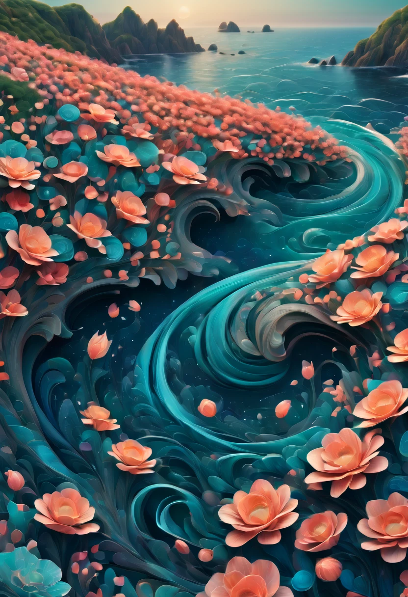 (best quality, highres, ultra sharp), magical sea of flowers, whirlpool, about the curvature of space time, flowers over the area, art deco, zentangle, 3d crunch, cinematic, on the seashore