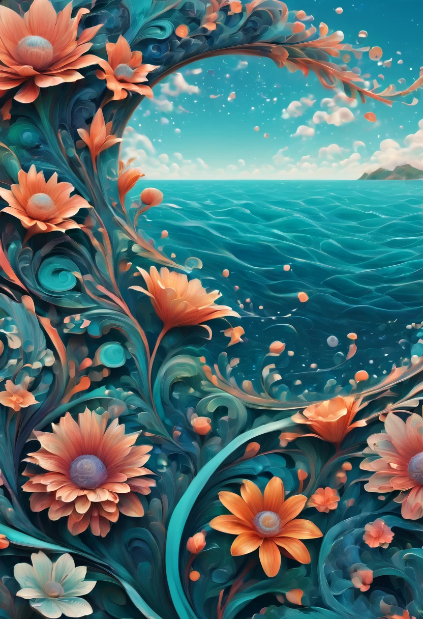 (best quality, highres, ultra sharp), magical sea of flowers, whirlpool, about the curvature of space time, flowers over the area, art deco, zentangle, 3d crunch, cinematic, on the seashore