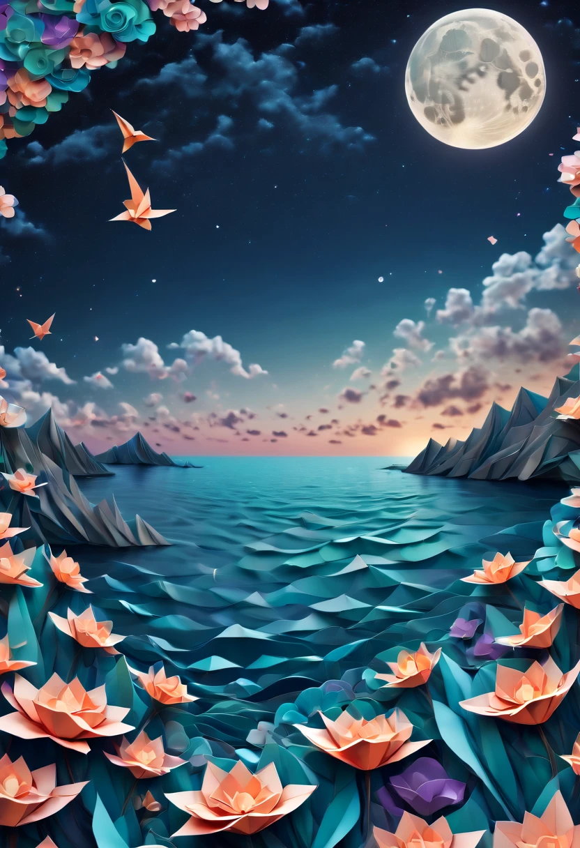 (best quality, highres, ultra sharp), magical sea of flowers, origami flowers over the sea, night. magical clouds , stars, art deco, zentangle,3d crunch, cinematic, on the seashore, calm,