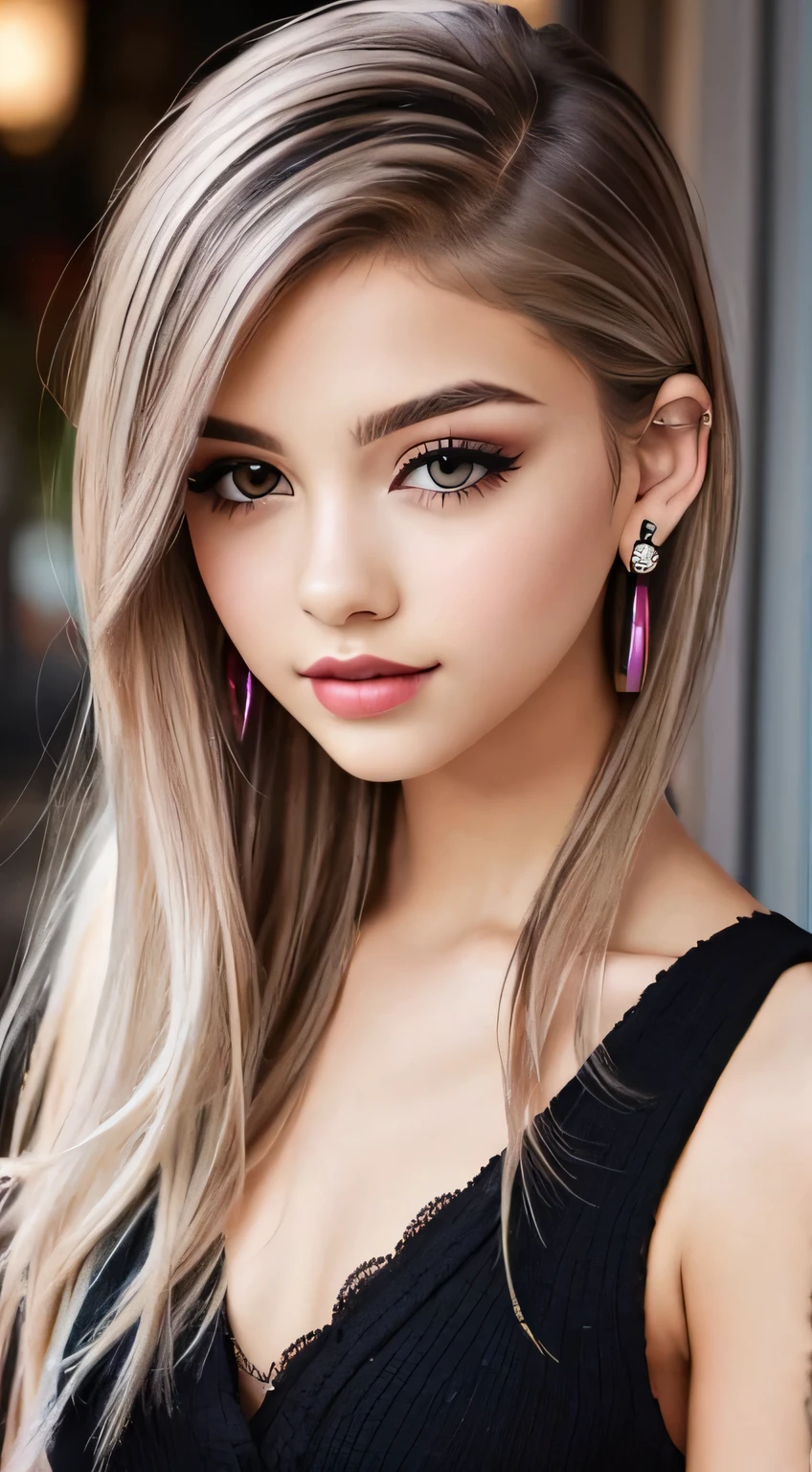 A woman with blonde hair and pink earrings posing for a picture - SeaArt AI