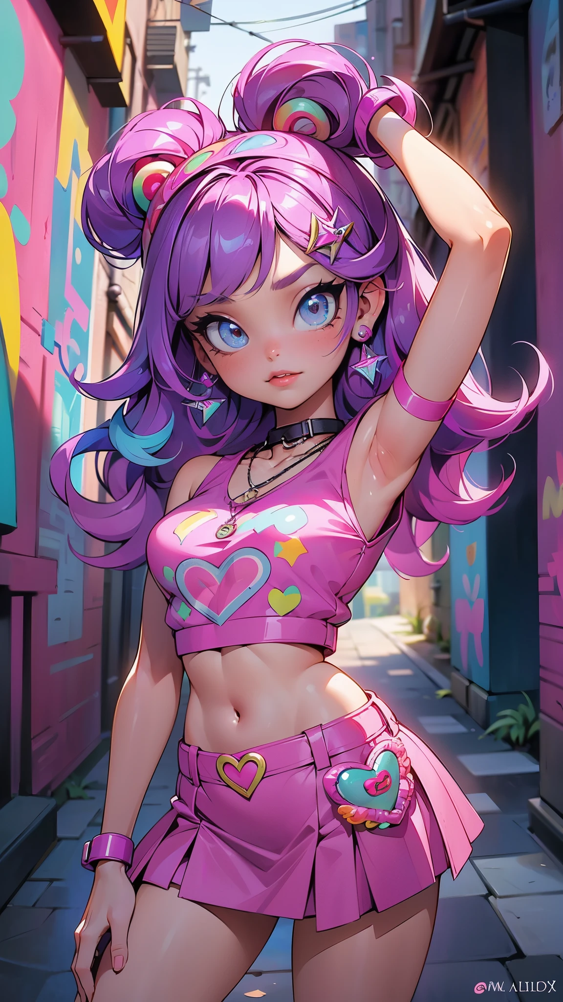 (La Best Quality,A high resolution,Ultra - detailed,actual),Ariana Grande in a white skirt and a canoso top in an alley , Violet Myers, Alex Yanes and Lisa Frank, Lisa Frank Style, sweet girl, purple outfit, beautiful dolphin, Lisa - Frank, promotion still, hot teen girl, Leslie David y Lisa Frank, In the style of Lisa Frank, In a Lisa Frank art style, posing in leotard and tiara, More detailed 8K.unreal engine:1.4,UHD,La Best Quality:1.4, photorealistic:1.4, skin texture:1.4, masterpiece:1.8,first work, Best Quality,object object], (detailed face features:1.3),(The correct proportions),(Beautiful blue eyes),  (cowboy pose), (fingers detailed :1.4), (giant donuts background, giant sweets :1.4), (WetAndPissy water), (background alley walls big stones :1.4) 