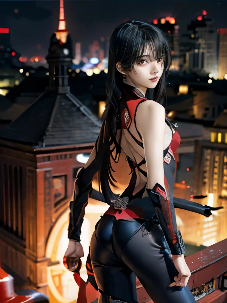 highest quality、Realistic style、Woman with long black hair、sharp eyes、small breasts、Beautiful butt that the costume digs into、long legs、look back、Sleeveless red patterned black bodysuit、rooftop of a building at night