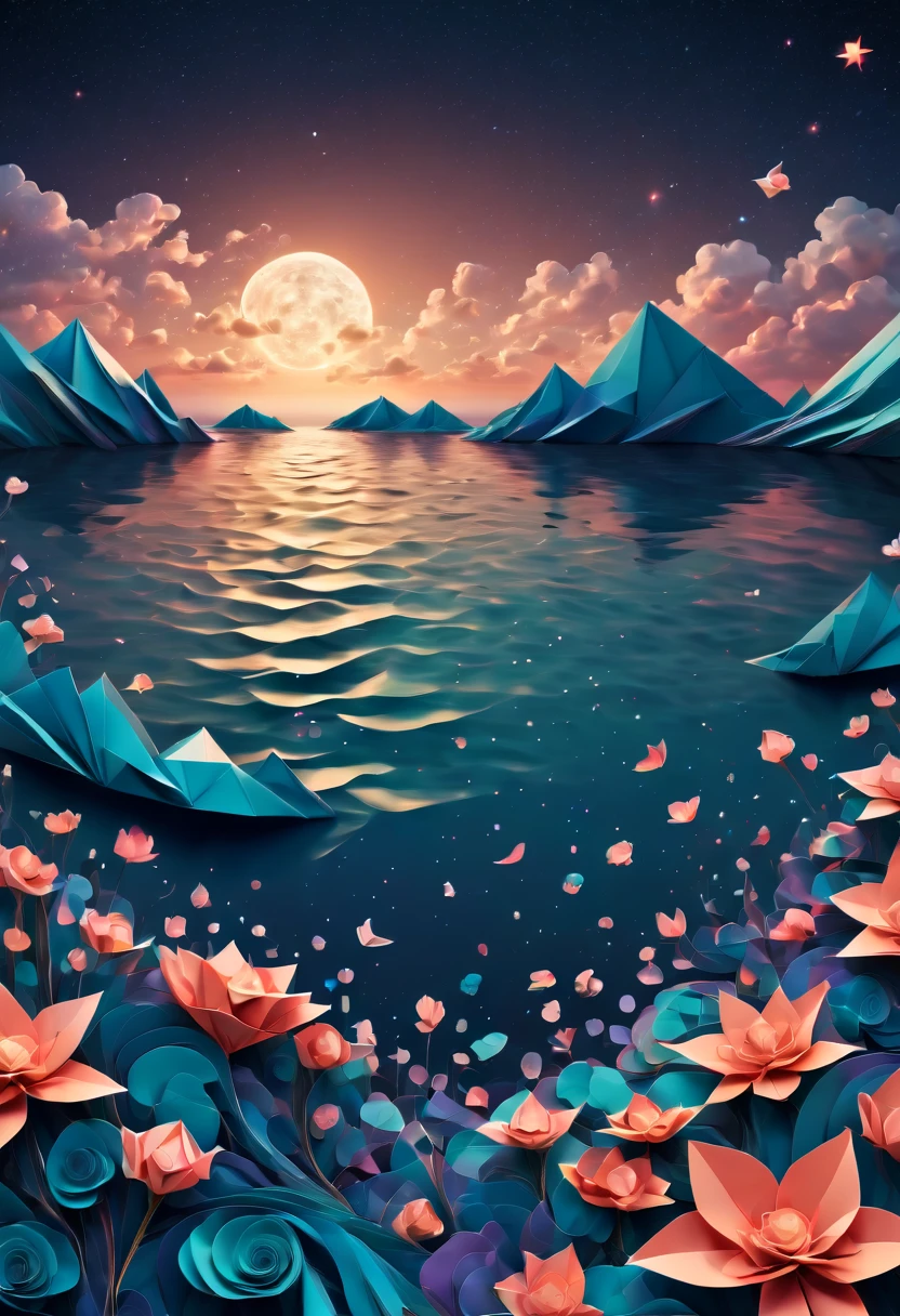 (best quality, highres, ultra sharp), magical sea of flowers, origami flowers over the sea, night. magical clouds , stars, art deco, zentangle,3d crunch, cinematic, on the seashore, calm,