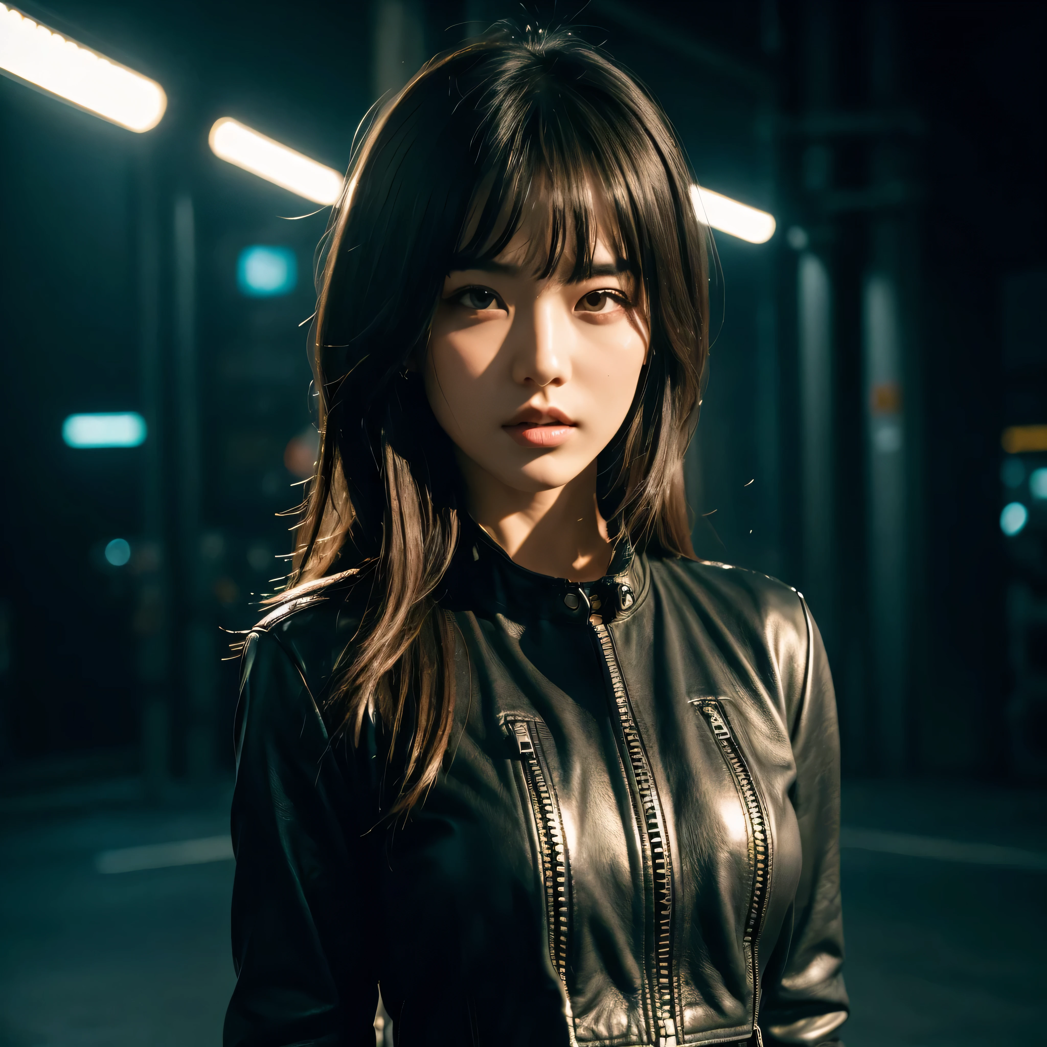 (Best Quality, Masterpiece, Ultra High Definition, High resolution, highly detailed, High Definition Face:1.5), 20-year-old woman, 1 beautiful woman, (full body photo:1.4), (beautiful woman leaning against the wall:1.5), (Beautiful woman wearing a leather jacket, smoking a cigarette, holding a cigarette in hand:1.3), (beautiful eyes, light in the eyes), eyes are in focus, white skin, Glossy, shiny skin, very Fair skin, (film photography style, photo with strong shadows, Background neon light, City of night, cyber punk:1.2), frown, violently fluttering hair, very long hair styles, Slim, (Big Breasts),