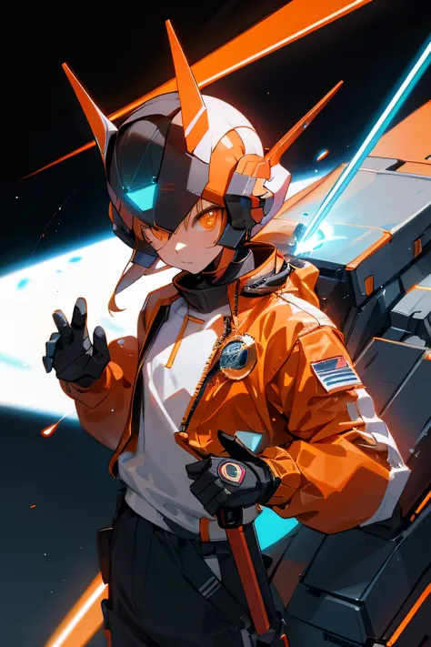 Young adult, Male, Robot, Laser Sword, space background, robot Helmet, Orange Eyes, Space Jump Jacket.