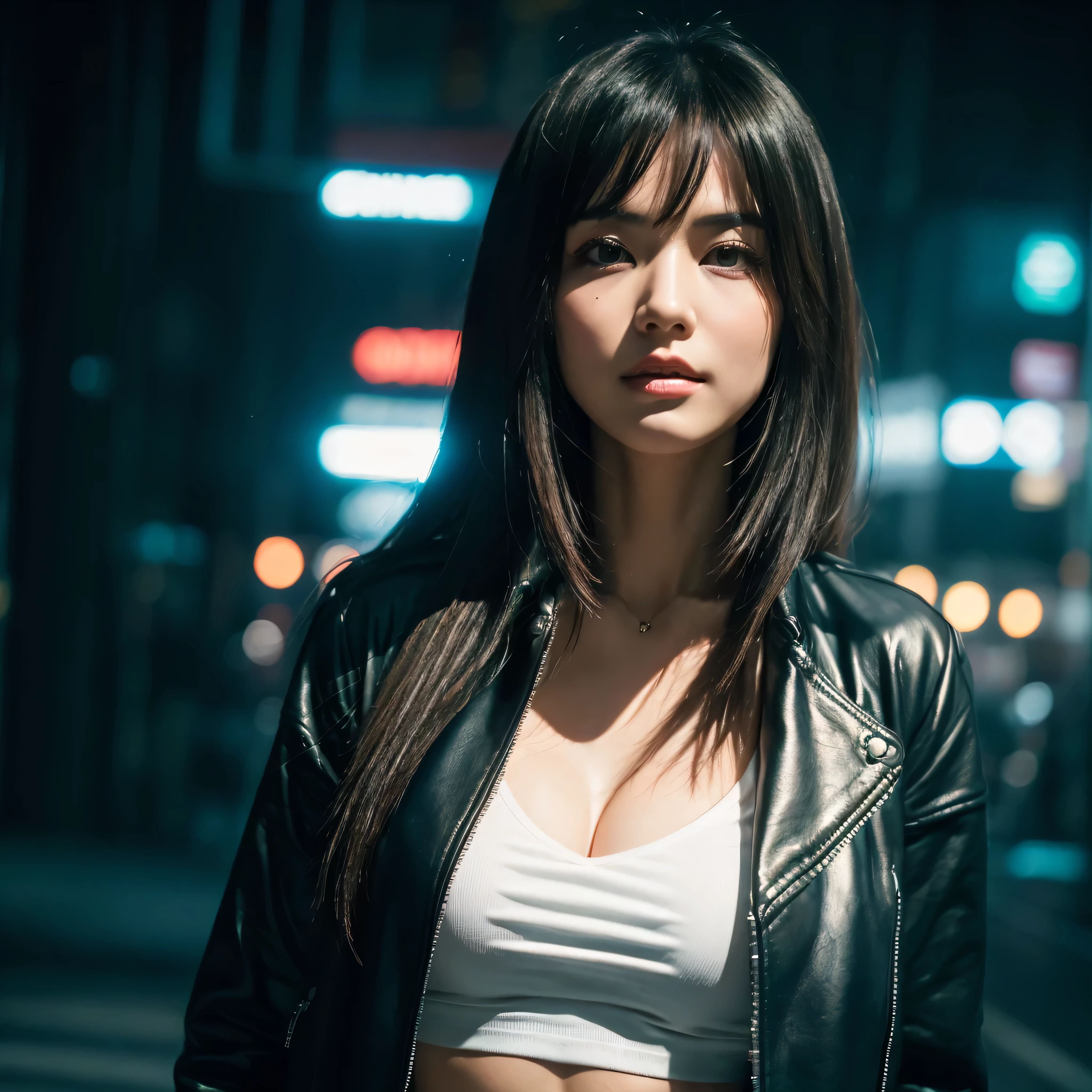 (Best Quality, Masterpiece, Ultra High Definition, High resolution, highly detailed, High Definition Face:1.5), 20-year-old woman, 1 beautiful woman, (full body photo:1.4), (beautiful woman leaning against the wall:1.5), (Beautiful woman wearing a leather jacket:1.3), (beautiful eyes, light in the eyes), eyes are in focus, white skin, Glossy, shiny skin, very Fair skin, (film photography style, photo with strong shadows, Background neon light, City of night, cyber punk:1.2), frown, violently fluttering hair, very long hair styles, (Big Breasts)