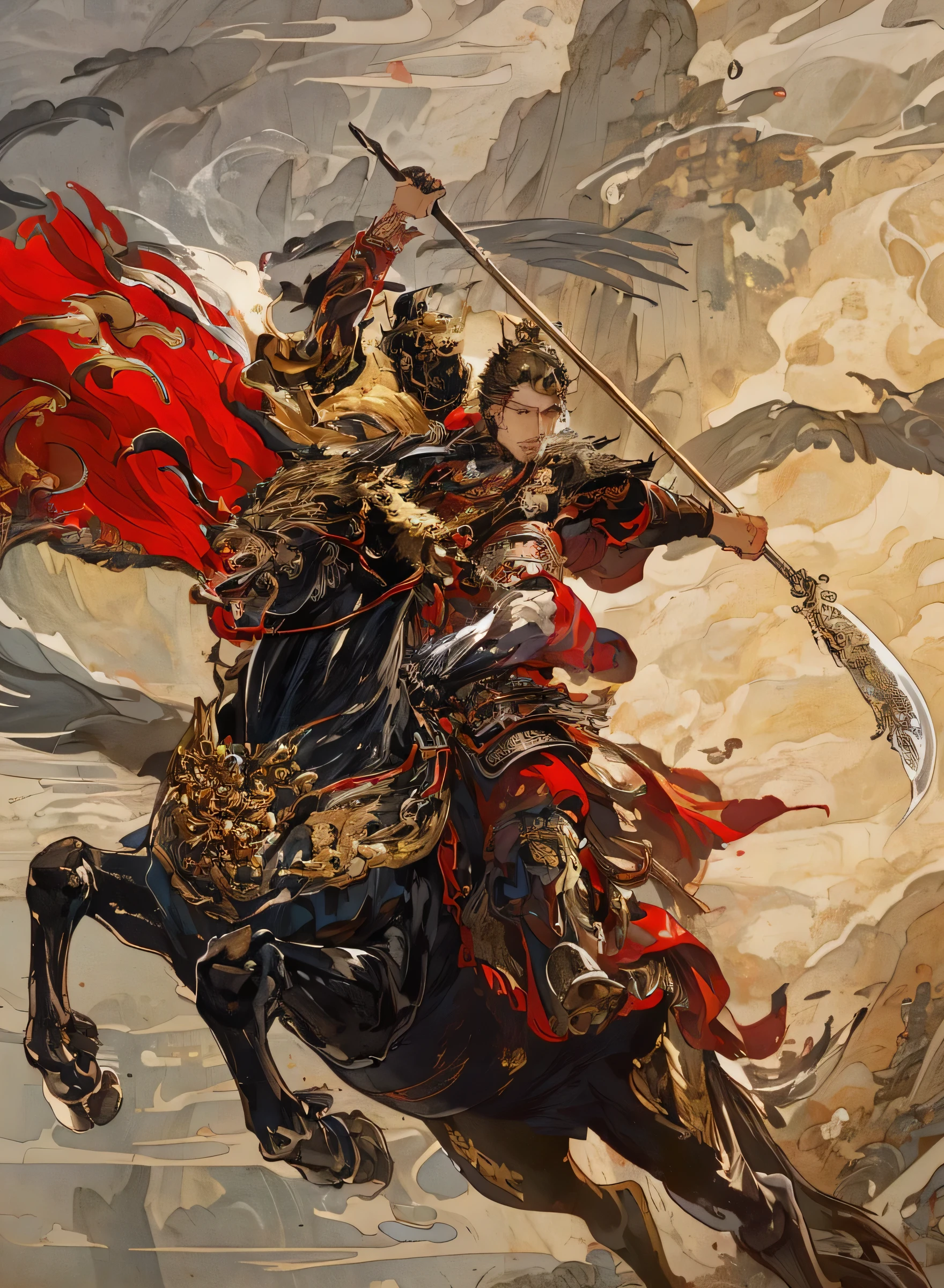 ((Unreal Engine 5)), Photorealistic rendering, Excellent, (Full set of samurai armor), (Cuirassiers), (Cloak), (Samurai at the helm), looking at camera, standing in the studio, General of the Three Kingdoms, Huang Zhong, Riding a war horse，Wearing golden armor，Yellow and black robe，Holding a silver-gold gleaming knife in his hand，There is a tremor in the waist，Powerful close-up photo, Epic full color illustrations, Inspired by Li Kan, This is a warlord, Inspired by Chen Danqing, Feeling comes from Chen Quan, Inspired by Hu Zaobin, Inspired by Zhu Derun, Inspired by Huang Shen, Inspired by Li Rongjin, Inspired by Shen Zhou，Inspired by Lu Zhi, author：Yoon Doo-seop,