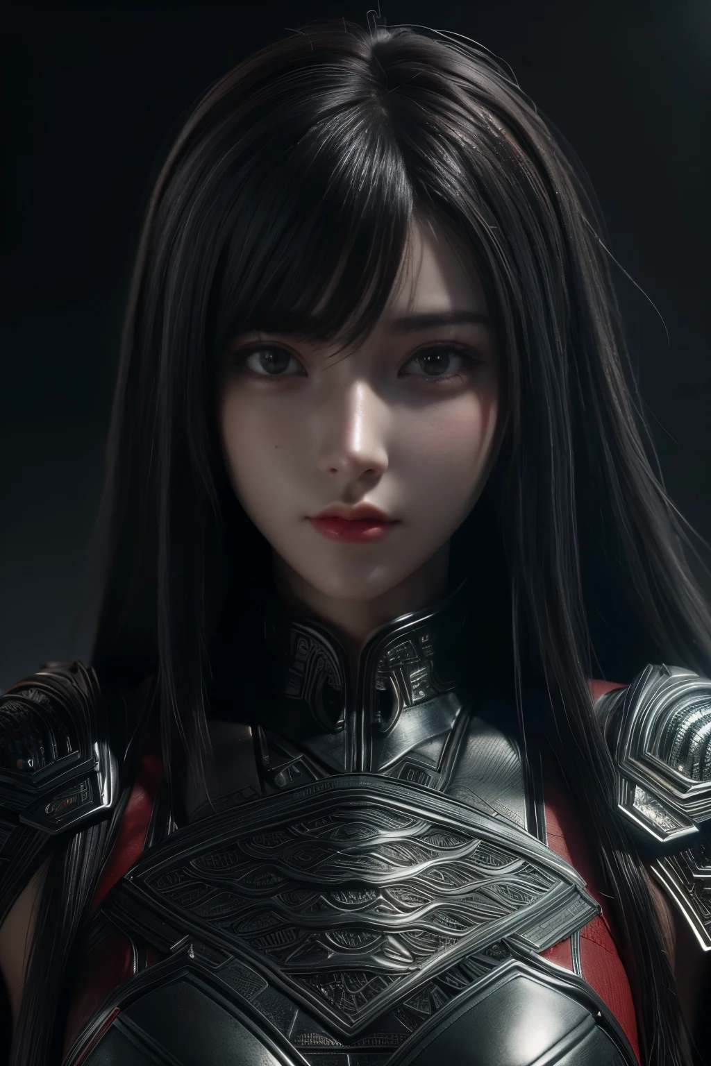 Masterpiece,Game art,The best picture quality,Highest resolution,8K,(Portrait),Unreal Engine 5 rendering works,(Digital Photography),((Portrait Feature:1.5)),
20 year old girl,Short hair details,With long bangs,(The red eye makeup is very meticulous),(With long gray hair:1.4),(Large, full breasts),Elegant and noble,Brave and charming,
(Future armor combined with the characteristics of ancient Chinese armor,Hollow design,Power Armor,The mysterious Eastern runes,A delicate dress pattern,A flash of magic,White),Warrior of the future,Cyberpunk figures,Background of war,
Movie lights，Ray tracing，Game CG，((3D Unreal Engine))，OC rendering reflection pattern