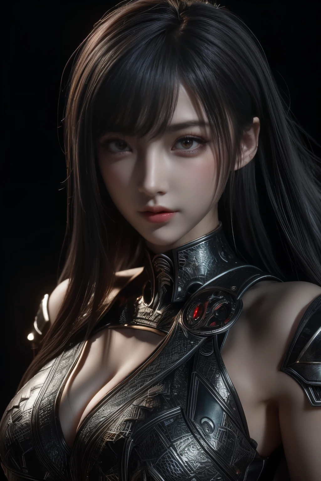 Masterpiece,Game art,The best picture quality,Highest resolution,8K,(Portrait),Unreal Engine 5 rendering works,(Digital Photography),((Portrait Feature:1.5)),
20 year old girl,Short hair details,With long bangs,(The red eye makeup is very meticulous),(With long gray hair:1.4),(Large, full breasts),Elegant and noble,Brave and charming,
(Future armor combined with the characteristics of ancient Chinese armor,Hollow design,Power Armor,The mysterious Eastern runes,A delicate dress pattern,A flash of magic,White),Warrior of the future,Cyberpunk figures,Background of war,
Movie lights，Ray tracing，Game CG，((3D Unreal Engine))，OC rendering reflection pattern