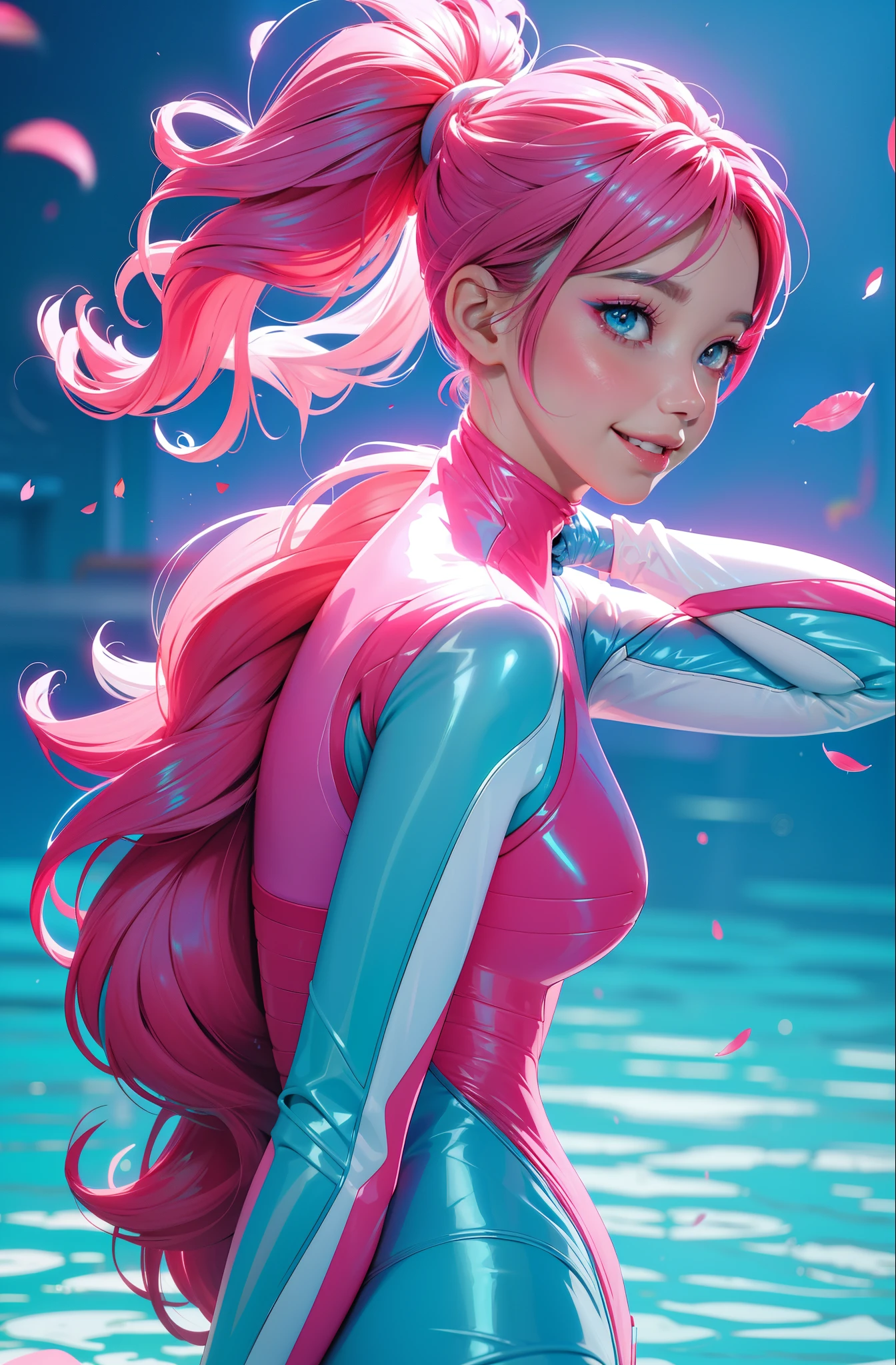 cyberpunk female woman (chromatic accents:1.1), sleek pink and White full bodysuit, side view turning to face camera, (Petal Blush, Lagoon Blue color background:1.3), amazing smile, looking at camera, golden hour
