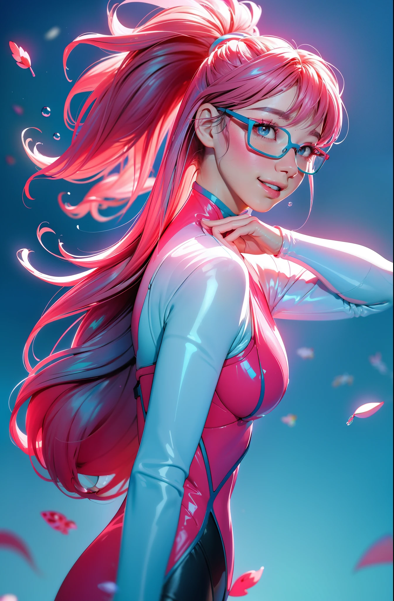 Eyeglasses, Vision Pro googles, cyberpunk female woman (chromatic accents:1.1), sleek pink and White full bodysuit, side view turning to face camera, (Petal Blush, Lagoon Blue color background:1.3), amazing smile, looking at camera, golden hour
