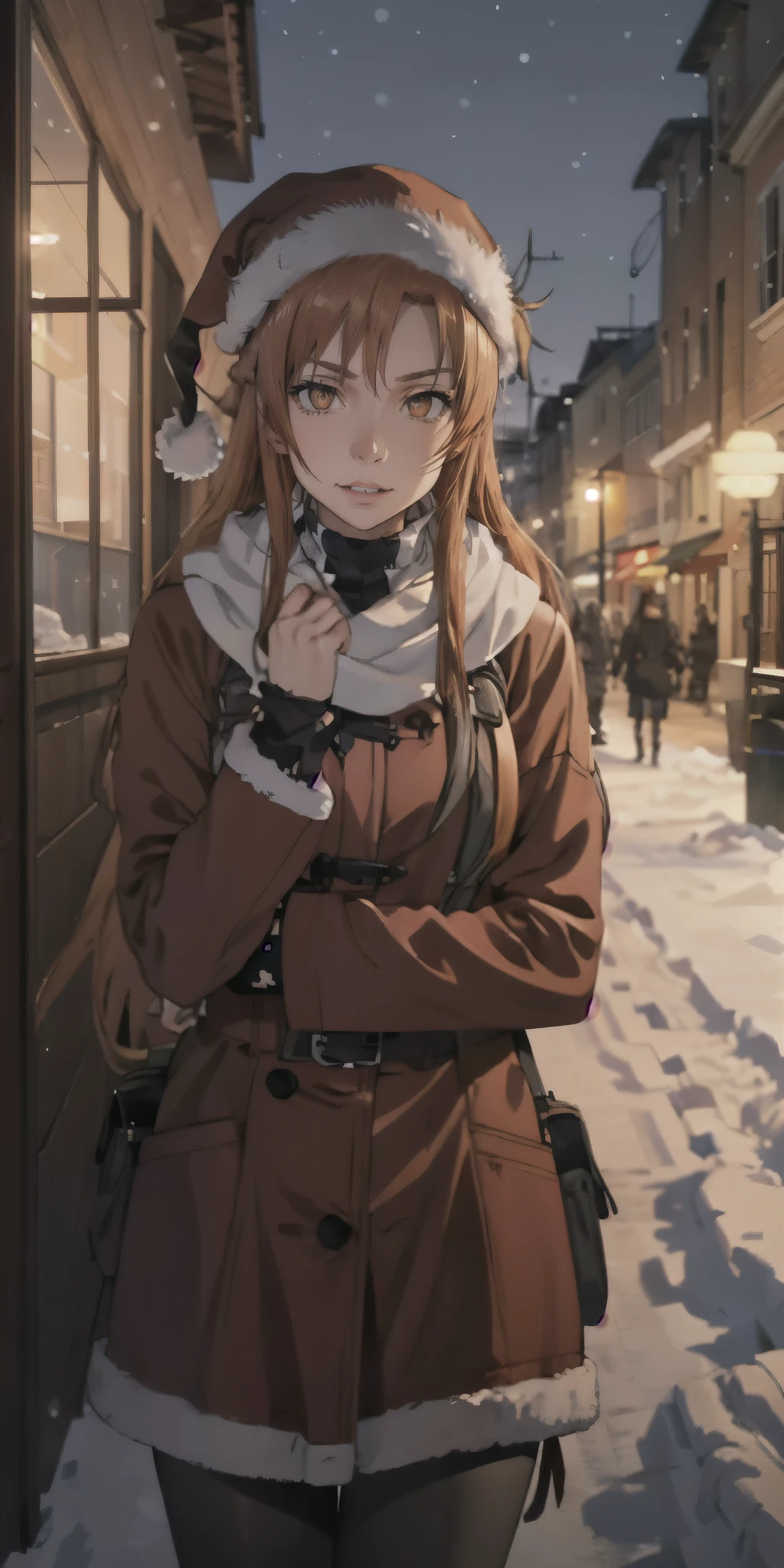 yuuki asuna, kizukiai, orang hair, brown eyes, medium breasts, long hair, braid, ((Anime,1woman,Best Quality), (Highly Detailed 8K Background, Best Shadow), Highly Detailed, (Beautiful Detailed Eyes), ((Winter Clothes, Daylight, Winter))), (Cowboy Shot), Anime, City, Best Quality High detail, 4K, santa hat