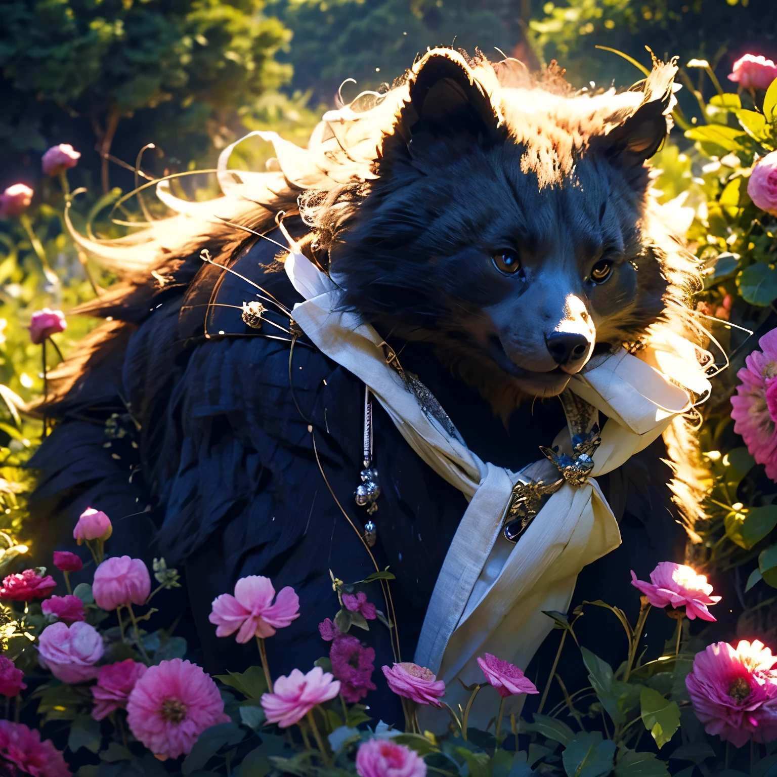 A beautiful sunny day，An adult bear orc wearing casual clothes is holding flower seeds in the garden and looking at the flowers with smiling eyes.，