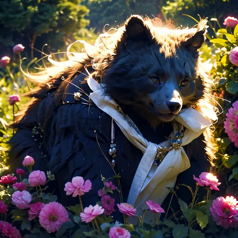 A beautiful sunny day，An adult bear orc wearing casual clothes is holding flower seeds in the garden and looking at the flowers ...