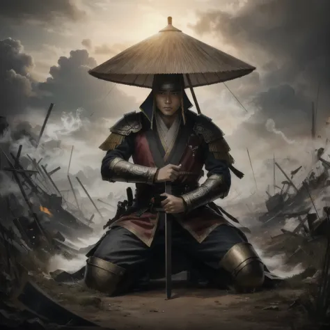 a samurai with his head lowered kneels on one knee in the battlefield，holding a katana in one hand and inserting it into the gro...