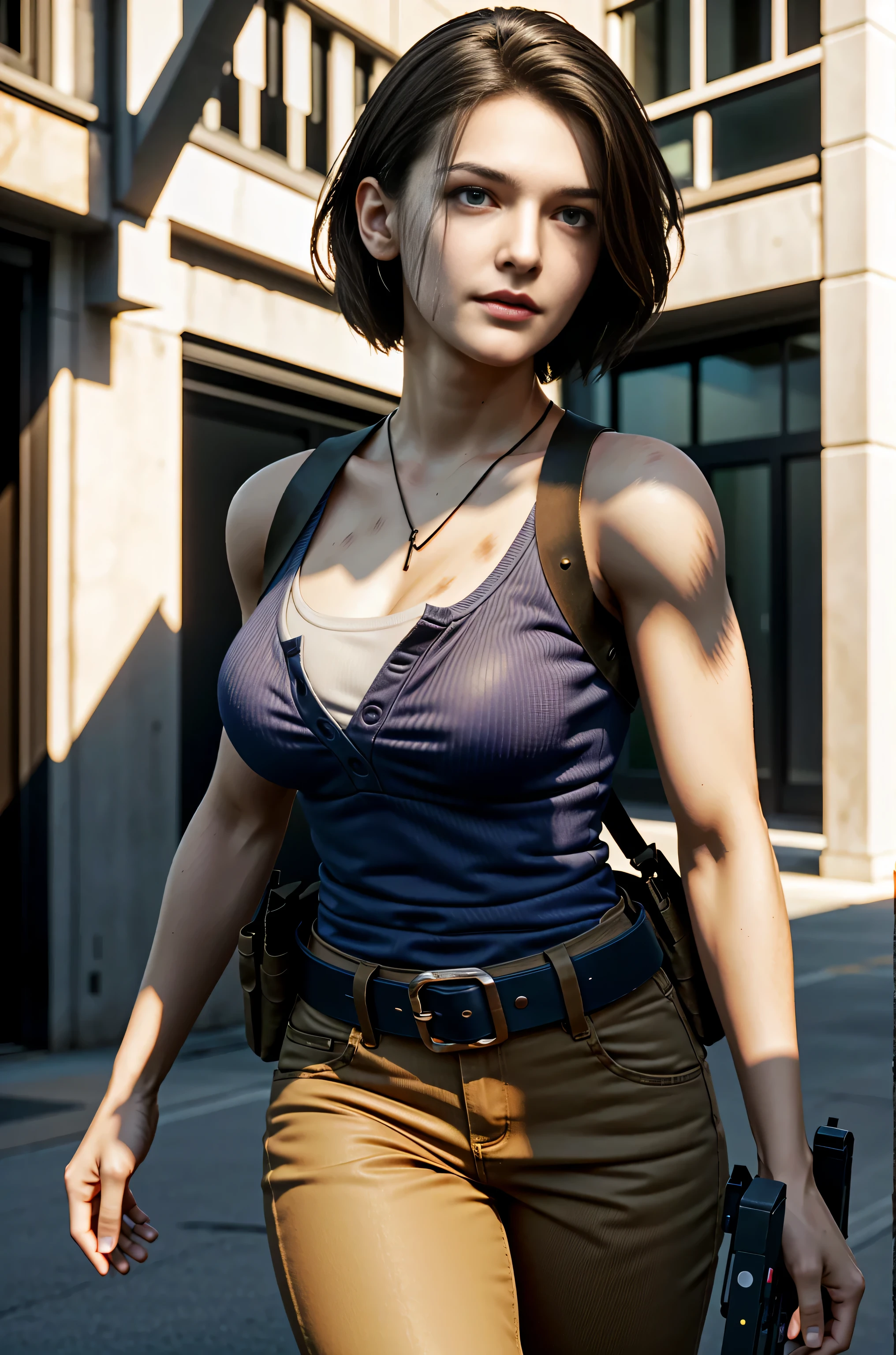 ((chef-d&#39;œuvre, Meilleure qualité)), Jill Valentine avec une arme (visage très détaillé, peau et texture sang), grosse poitrine, jean très court ajusté sur ses hanches larges et voluptueuses, portant une chemise rouge ajustée et déboutonnée avec un décolleté profond , ceinture, , (expression séduisante:1.2), rues de la ville fond d'apocalypse zombie, (UHD, Fond d&#39;écran 8k, haute résolution), Réaliste,  Éclairage cinématographique, Rendu basé sur la physique, primé, peau extrêmement détaillée, visage très détaillé, yeux très détaillés, Carl Zeiss 85mm F/1.4.