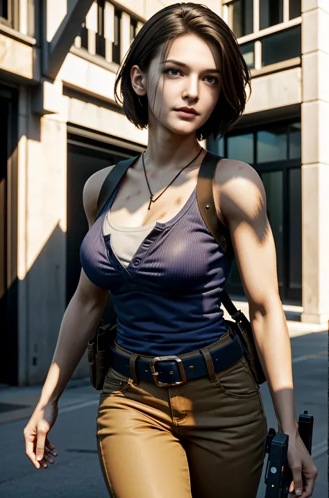 ((masterpiece, best quality)), Jill Valentine with gun (high detailed face, skin and teksture blood), big chest, very short jean...