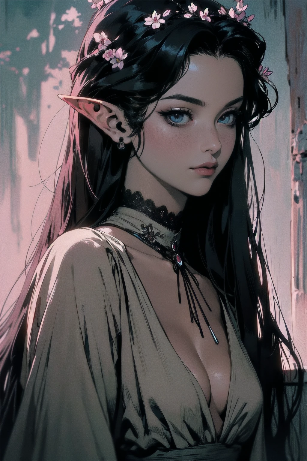 { - anatomy error}(Masterpiece - Ultra-detailed, very high resolution)moonlight, hyper-realistic of a mysterious woman with flowing black hair, ears of elf, piercing opal eyes, and a delicate floral crown, delicate smile, upper body, backwards, looking back, small neck, with chin on shoulder