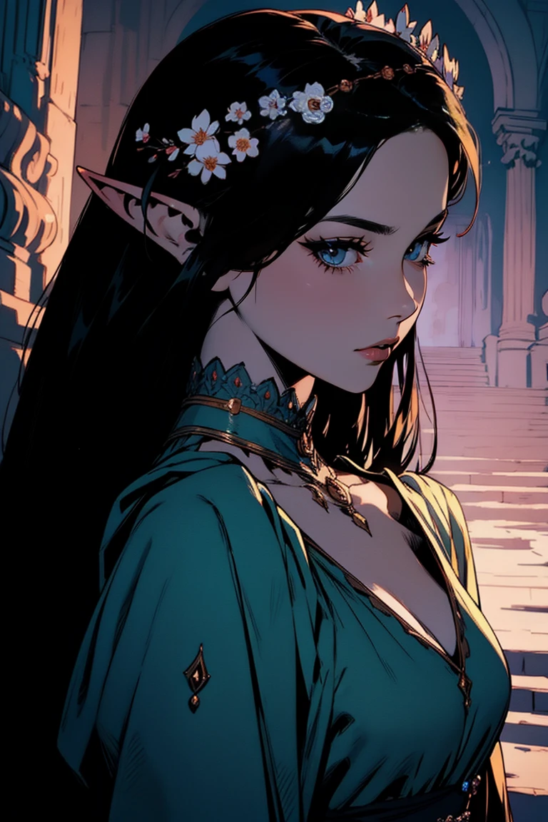 { - anatomy error}(Masterpiece - Ultra-detailed, very high resolution)moonlight, hyper-realistic of a mysterious woman with flowing black hair, ears of elf, piercing opal eyes, and a delicate floral crown, delicate smile, upper body, backwards, looking back, small neck,with chin on shoulder