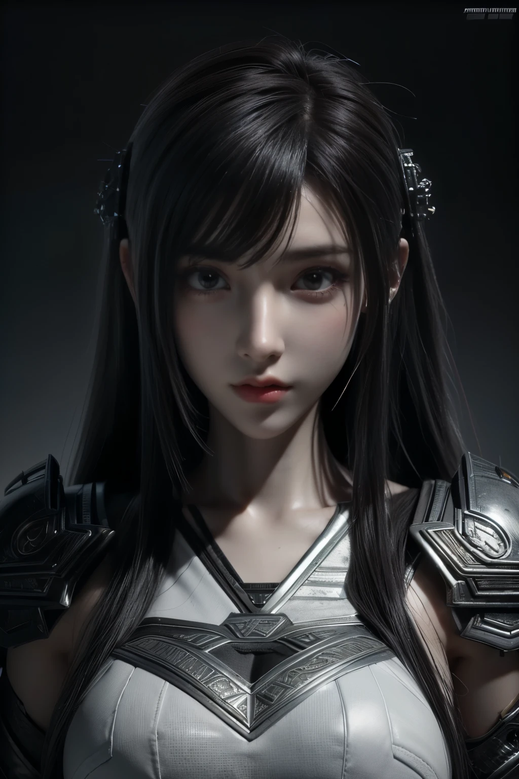 Masterpiece,Game art,The best picture quality,Highest resolution,8K,(Portrait),Unreal Engine 5 rendering works,(Digital Photography),((Portrait Feature:1.5)),
20 year old girl,Short hair details,With long bangs,(The red eye makeup is very meticulous),(With long gray hair:1.4),(Large, full breasts),Elegant and noble,Brave and charming,
(Future armor combined with the characteristics of ancient Chinese armor,Hollow design,Power Armor,The mysterious Eastern runes,A delicate dress pattern,A flash of magic,White),Warrior of the future,Cyberpunk figures,Background of war,
Movie lights，Ray tracing，Game CG，((3D Unreal Engine))，OC rendering reflection pattern