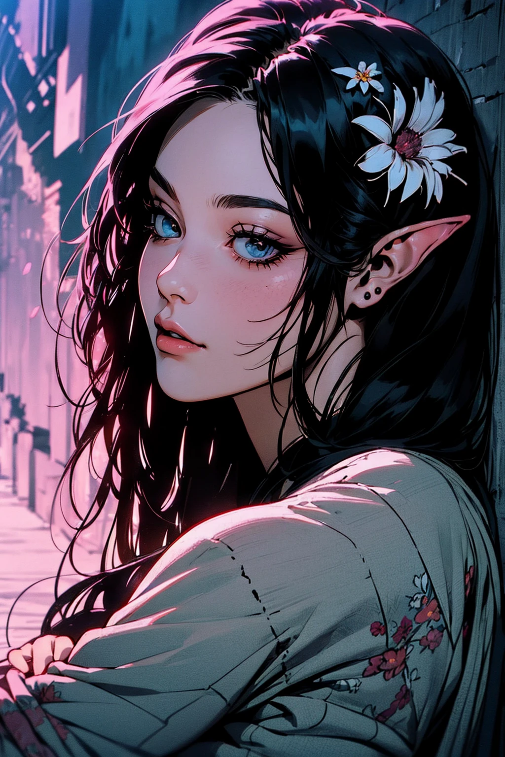 { - anatomy error}(Masterpiece - Ultra-detailed, very high resolution)moonlight, hyper-realistic of a mysterious woman with flowing black hair, ears of elf, piercing opal eyes, and a delicate floral crown, delicate smile, sitting on the ground, backwards, looking back, with chin on shoulder