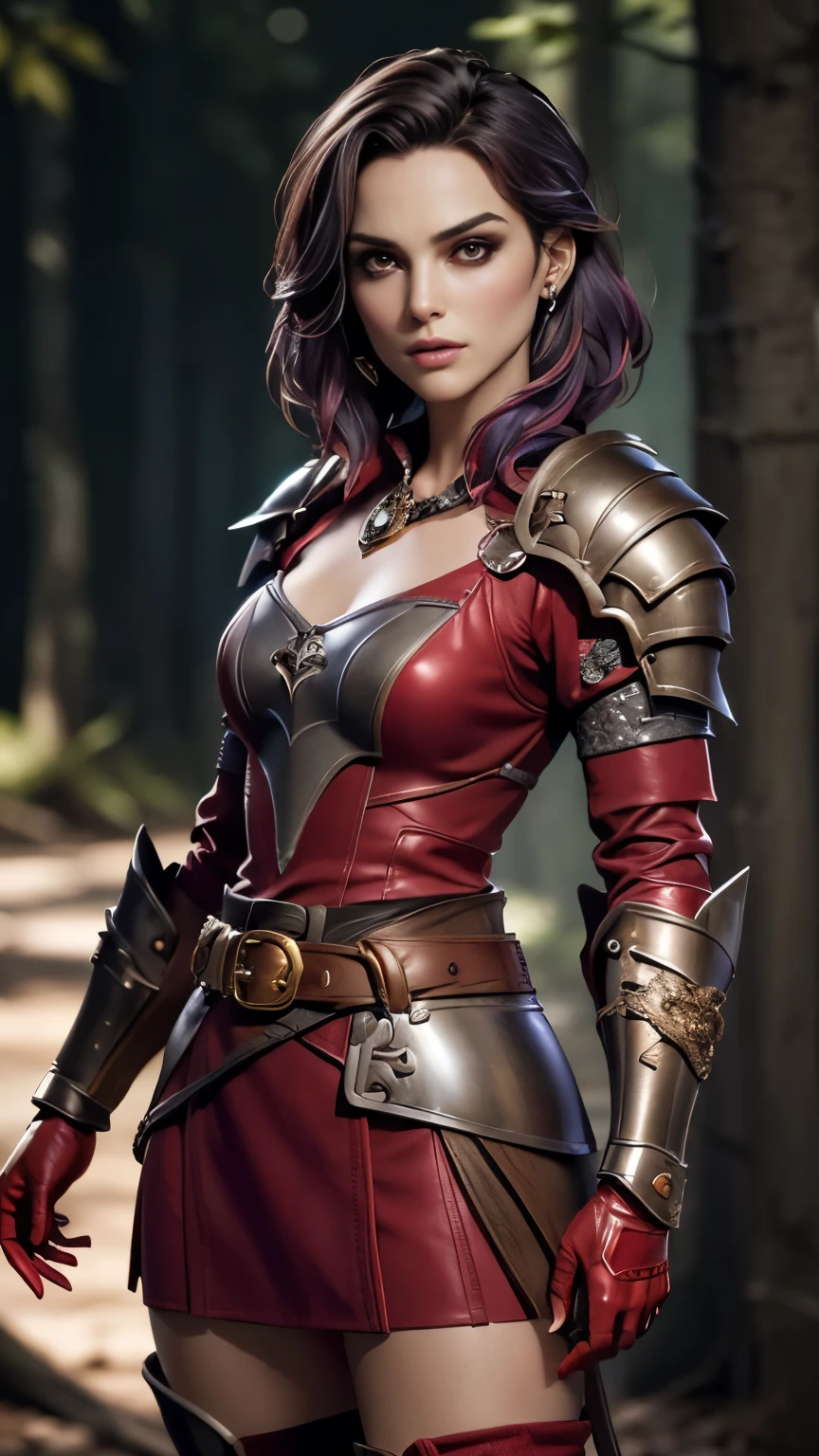 photo of celebrity, RAW, beautiful woman, ((portrait)), ((detailed face, colorful rainbow hair:1.2)), ((detailed facial feature, detailed skin, clear skin, parted lips), (perfect proportioned body, medium breasts), ((wearing armor, red dress, belt, gauntlets, gloves, armored boots: 1.5)), (high detailed dark forest: 1.3), (realistic photo, best quality, detailed), (8k wallpaper), (cinematic lighting, dramatic lighting) (sharp focus, intricate)