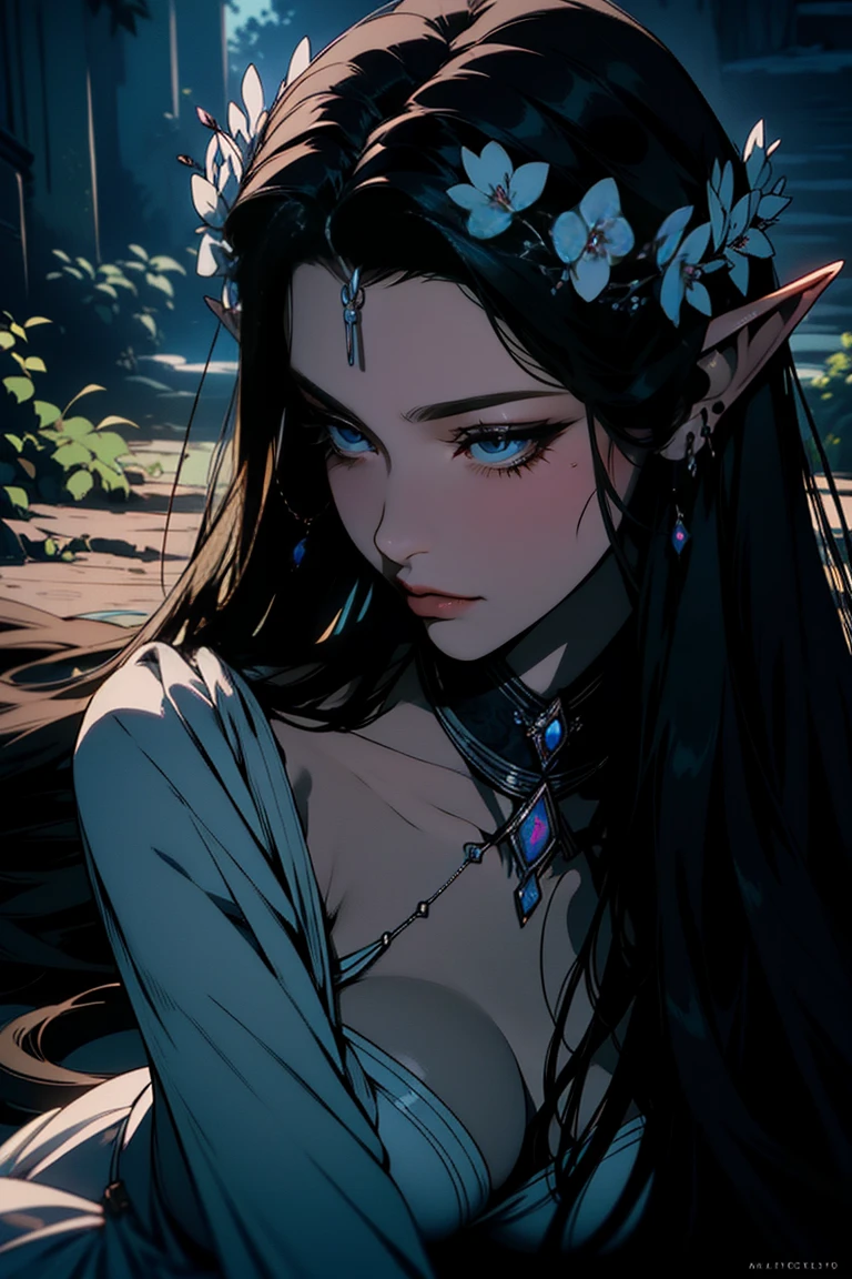 { - anatomy error}(Masterpiece - Ultra-detailed, very high resolution)moonlight, hyper-realistic of a mysterious woman with flowing black hair, ears of elf, piercing opal eyes, and a delicate floral crown, delicate smile, sitting on the ground, backwards, looking back, with chin on shoulder