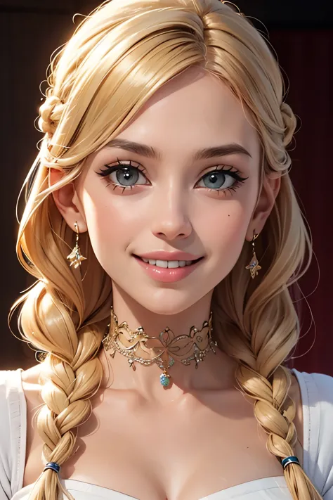 close up on face, blonde hair, French braid, chignon, white and gold, filigree, choker, earrings, smile, smiling, big smile, ver...