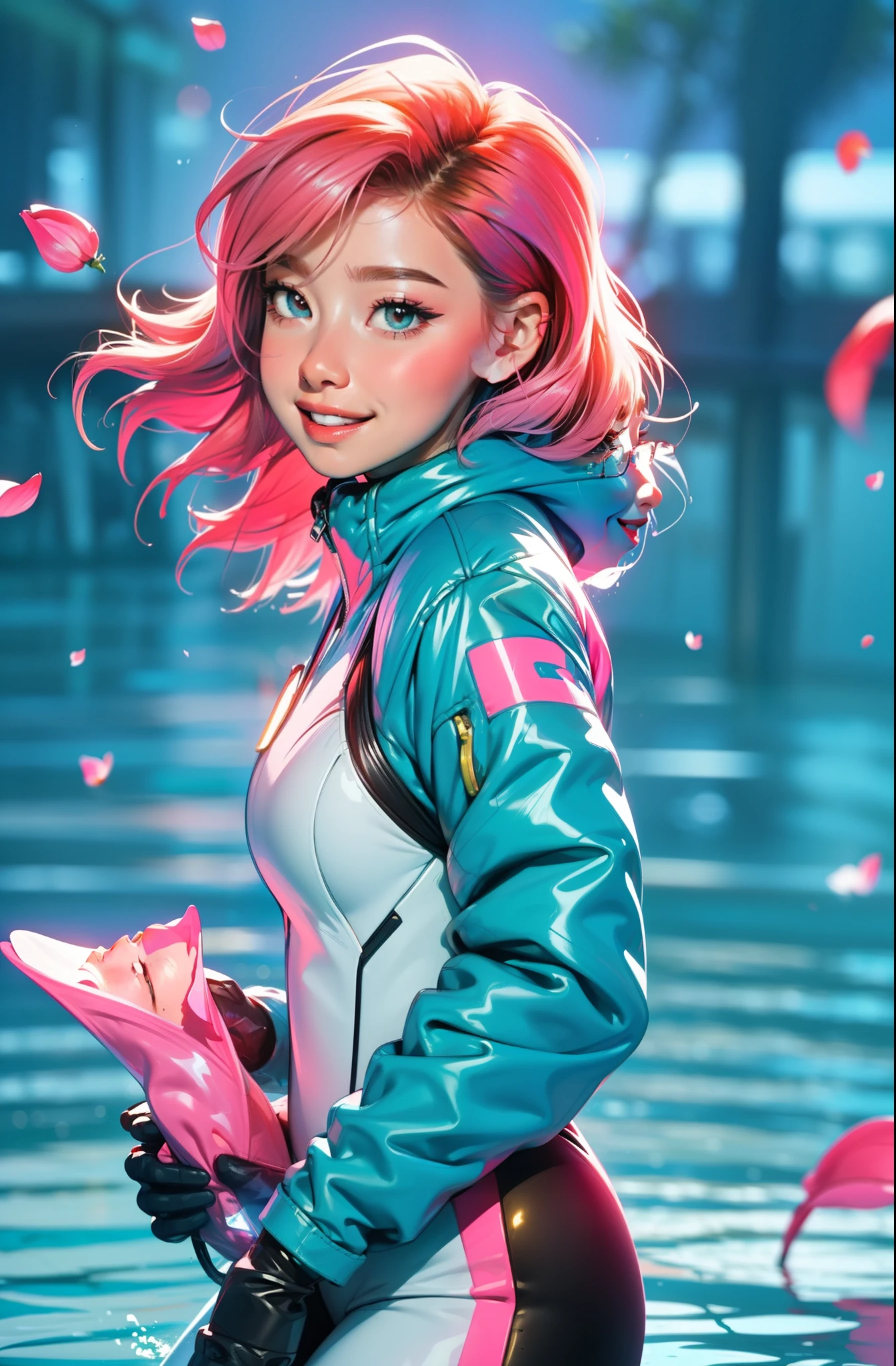 Eyeglasses, Vision Pro googles, cyberpunk female woman (chromatic accents:1.1), sleek pink and White full bodysuit, side view turning to face camera, (Petal Blush, Lagoon Blue color background:1.3), amazing smile, looking at camera, golden hour