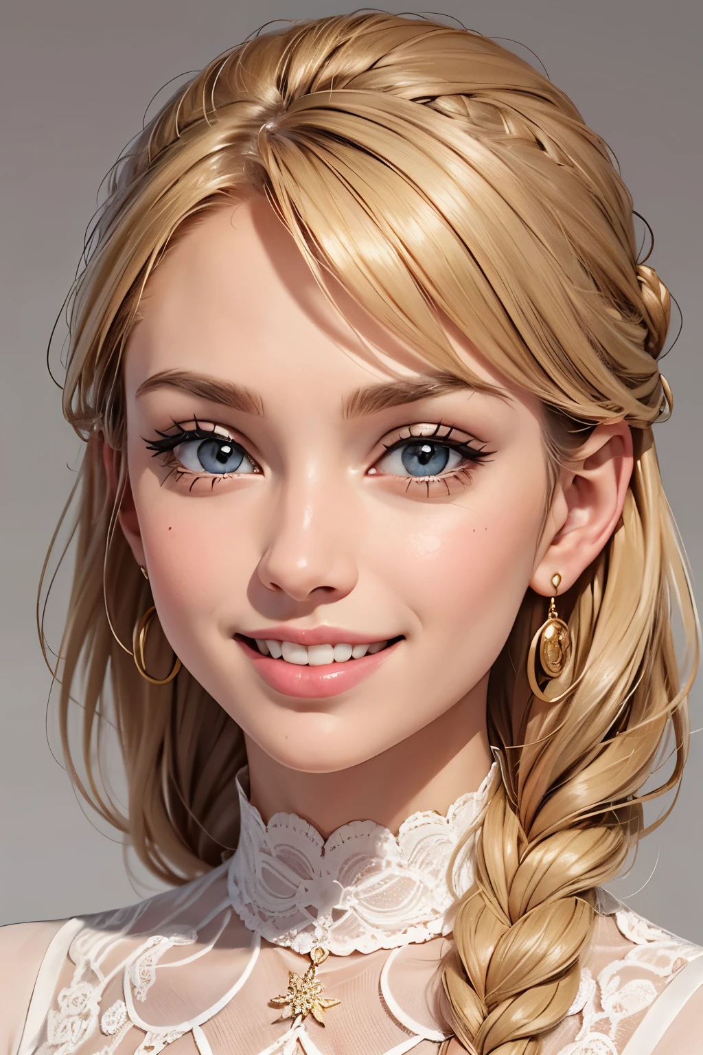 close up on face, blonde hair, French braid, chignon, white and gold, filigree, choker, earrings, smile, smiling, big smile, very happy, full lips, full mouth, thick lips, thick mouth, puffy lips, puffy mouth, skin tight
