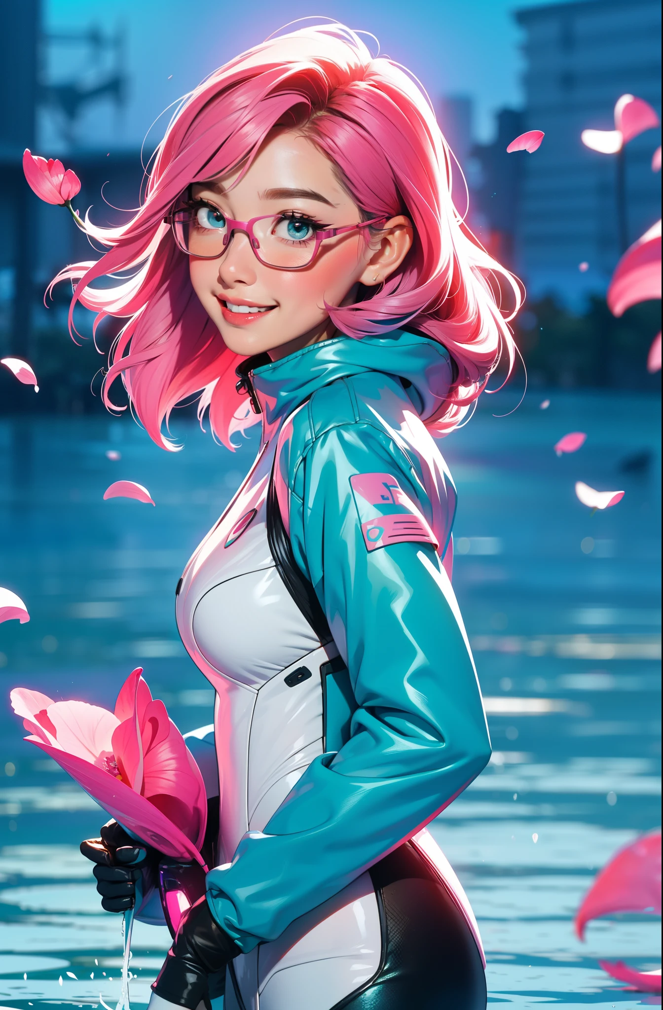 Eyeglasses, Vision Pro googles, cyberpunk female woman (chromatic accents:1.1), sleek pink and White full bodysuit, side view turning to face camera, (Petal Blush, Lagoon Blue color background:1.3), amazing smile, looking at camera, golden hour
