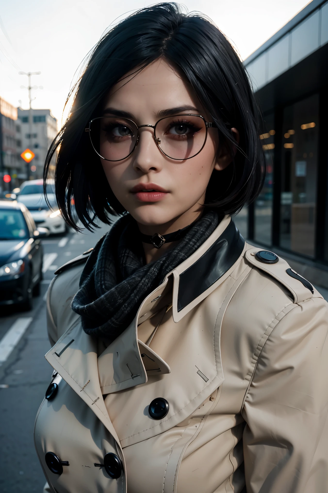 A stunning full color intricate portrait in Ultra-HD, 24 year old girl, detailed face, short black hair, black eyes, makeup, wearing a high collar coat, black sunglasses, a gray scarf around her neck, watch bracelet, case, neckline, choker, epic character composition, alessio albi, nina masic, sharp focus, natural lighting, subsurface dispersion, f2, 35mm,