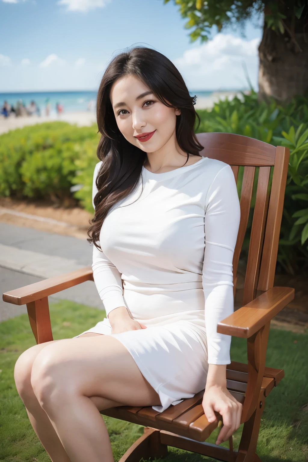 ((top quality、8k、masterpiece:1.3))、sharp focus, High level of image quality, high resolution，modern，lifelike，Green crewneck dress，wavy long hair，Sitting on a beautiful chair on the beach，Sitting gracefully，Beautiful scenery next to the beach：trees、flowers and grass，35 year old female，Mature，charming smile，Draw lips correctly, red lipstick，Slightly fat，Big breasts，full-body shot
