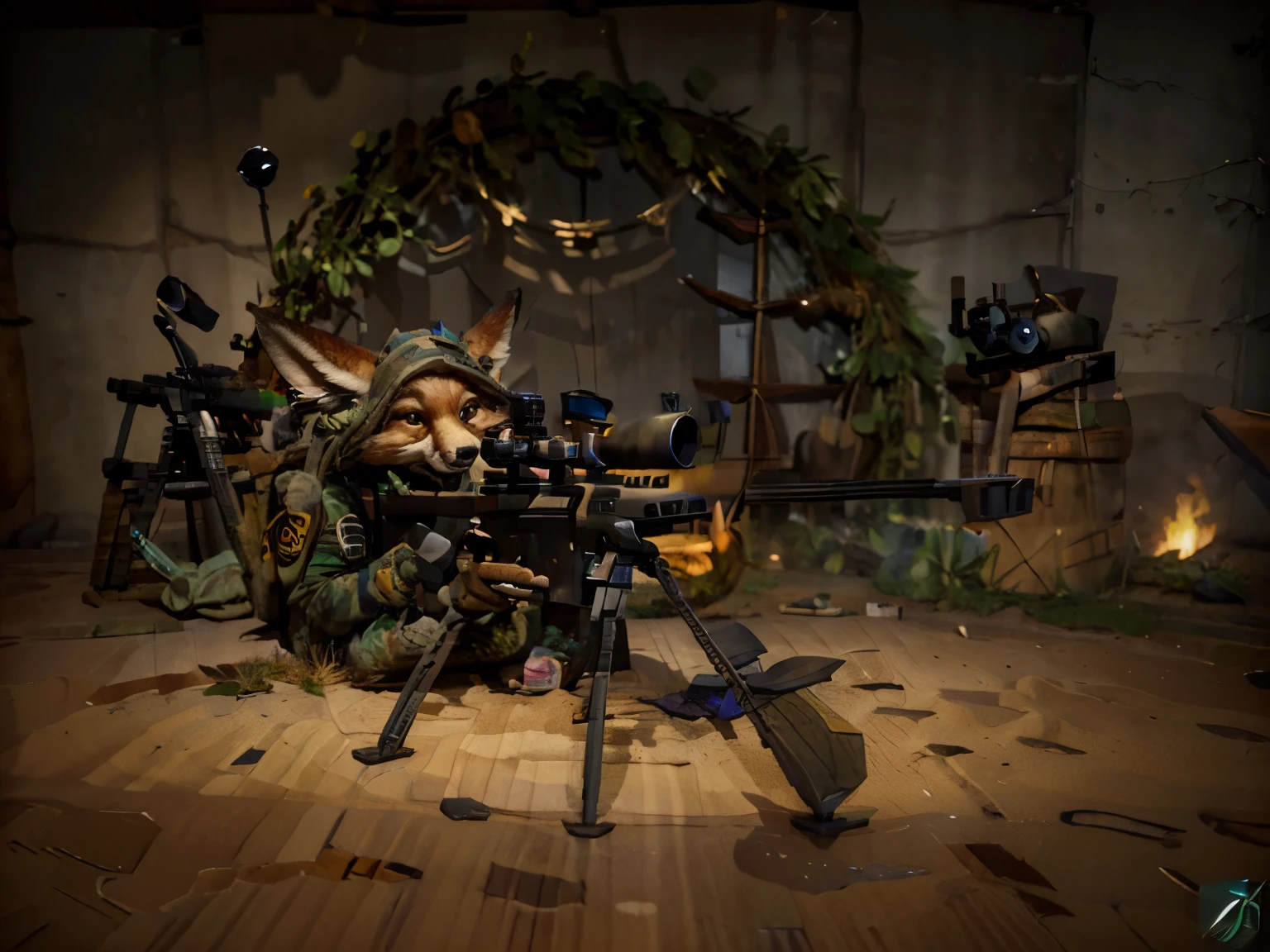 (a vulpera sniper belly down in a sniper position), anthropomorphic fox sniper, photo realistic, hyper realistic fox sniper, futuristic vulpera sniper, futuristic recon marine fox, masterpiece