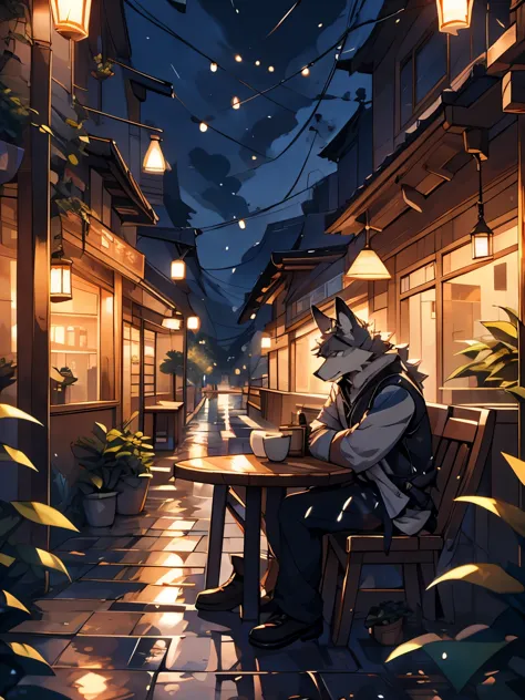 anthro wolf, furry, rain, armed,sad expression,white wolf,, night, handsome, sitting,coffee,coffee shop, masterpiece, casual clo...